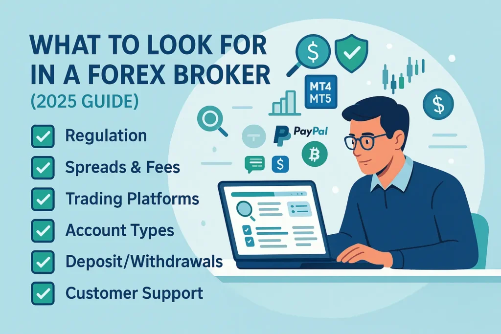 Illustration showing key factors to consider when choosing a forex broker in 2025, including regulation, spreads, trading platforms, account types, and trader analysis.