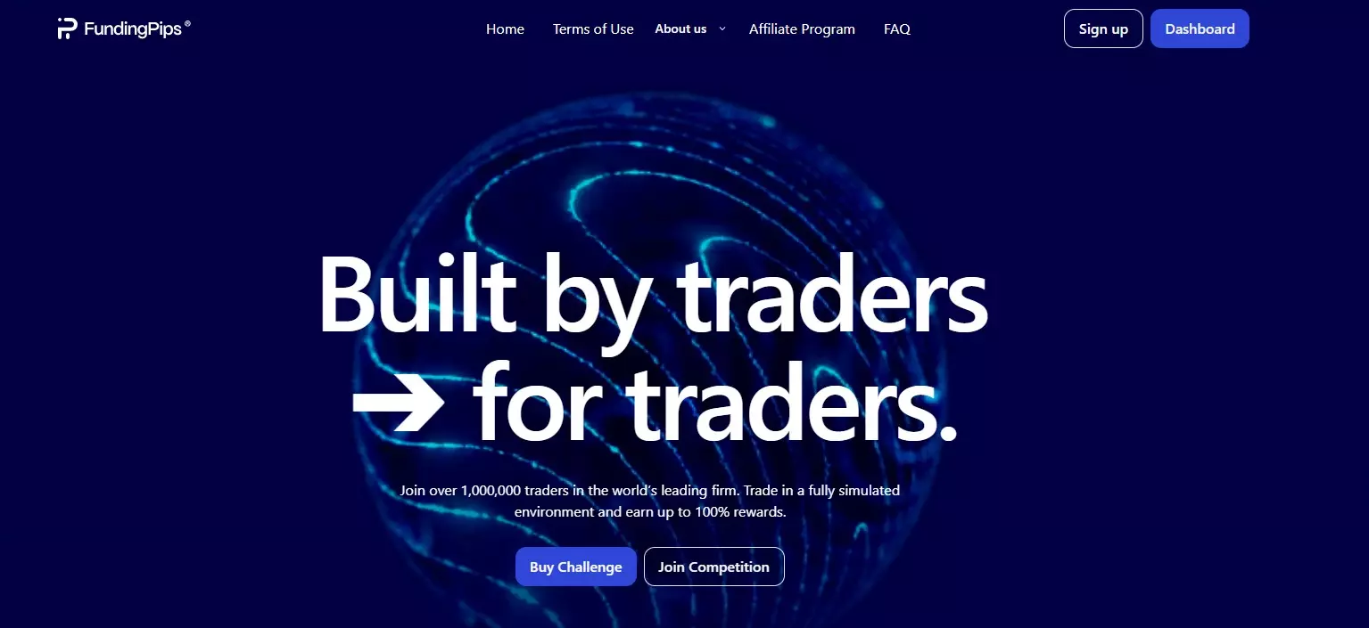 FundingPips overview screenshot: headquarters, year established, platforms, fees and profit split