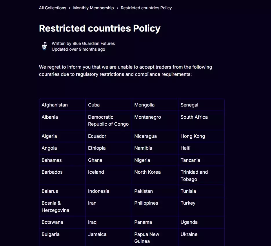 Blue Guardian restricted countries