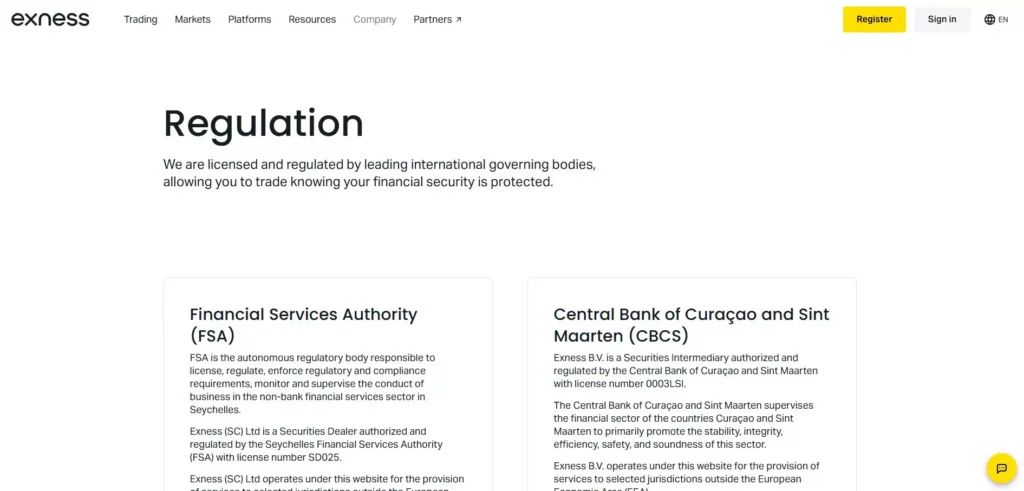 Exness regulation page showing licenses from FSA Seychelles and CBCS Curaçao & Sint Maarten in 2025