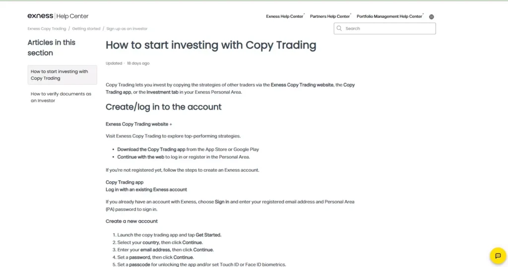 How to start investing with Copy Trading on Exness app interface