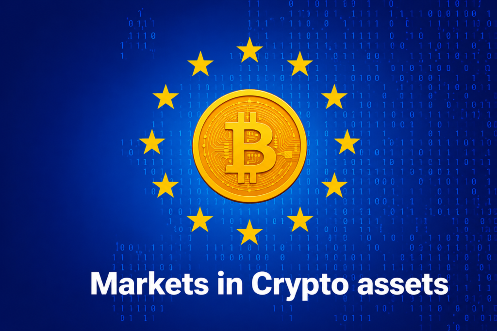 MiCA license EU crypto regulation concept with European Union flag