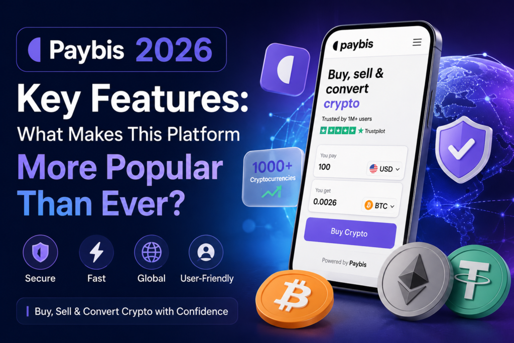 Paybis Review 2026 infographic showing key features, security, MiCA license, and cryptocurrency payment methods.